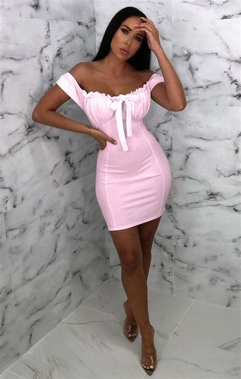 Pink Milkmaid Bardot Bodycon Mini Dress Dresses Femme Luxe Uk