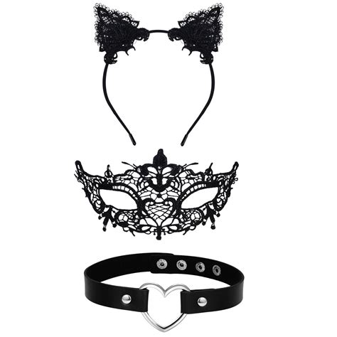 Masquerade Costume Set Womens Gothic Lace Mask Cat Ears Headband Heart