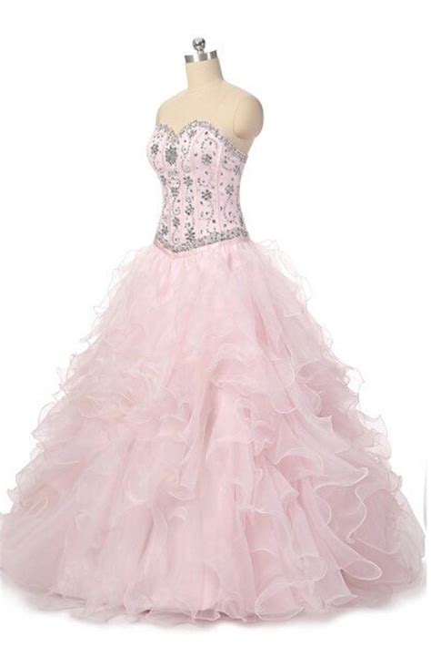 Princess Pink Organza Sweetheart Beading Rhinestone A Line Long Prom