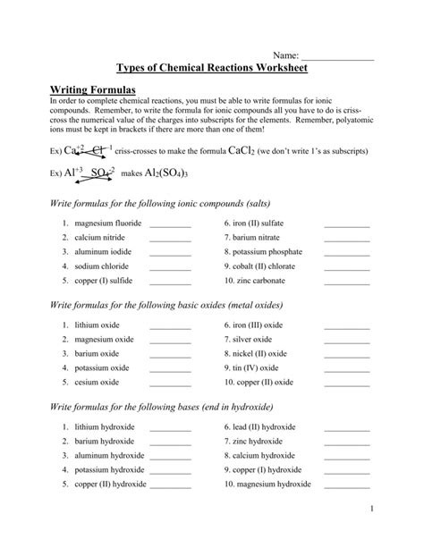 Identifying Types Of Chemical Reactions Worksheet