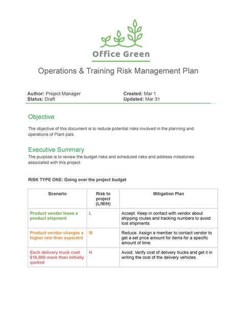 Risk Management Plan Operations Training Risk Management Plan