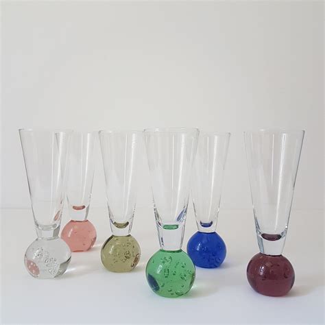 Shot Glasses With Ball Base Colored Blown Glass With Clear Stem Set