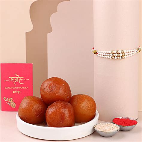 Sneh White Pearl Bead Rakhi With Gulab Jamun Singapore Gift Sneh