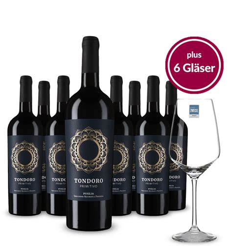 8 Flaschen Tondoro Primitivo 2020 6 Gläser Vicampo de Red wine