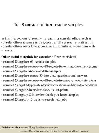 Top 8 consular officer resume samples | PDF