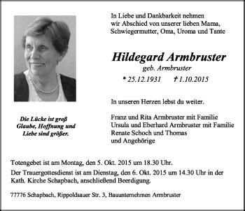 Traueranzeigen von Hildegard Armbruster Schwarzwälder Bote Trauer