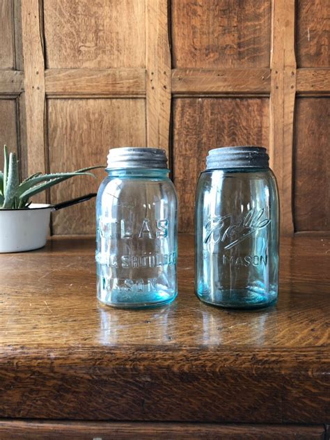 Vintage Mason Jars, Pair of Jars With Zinc Lids, Blue Ball Atlas Jars ...