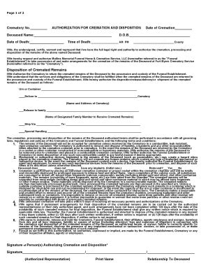 Fillable Online Disposition Of Cremated Remains Mullins Memorial Fax