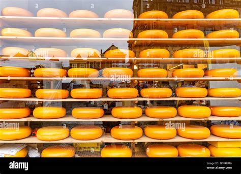Stacked Cheeses In Window Of Henri Willig Kaas Cheese Shop Markt