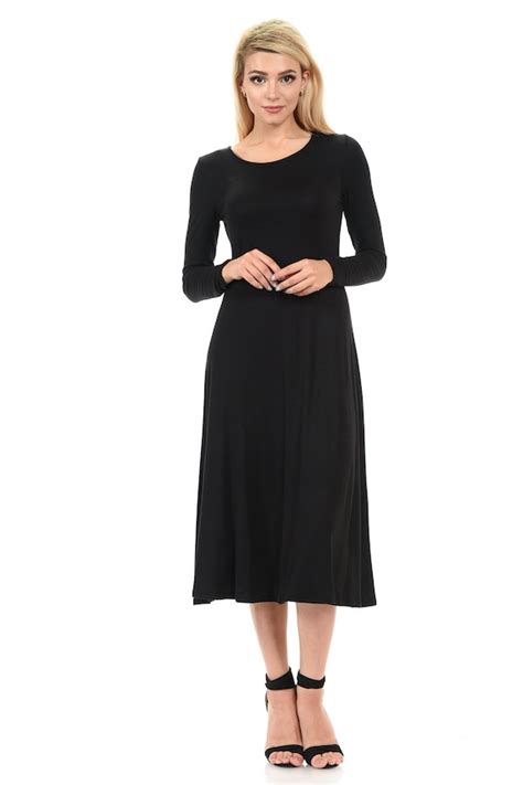 Long Sleeve A Line Midi Dress Black Etsy