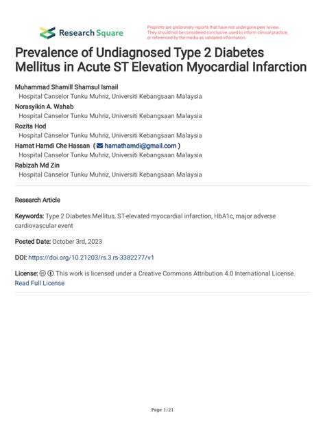 Pdf Prevalence Of Undiagnosed Type 2 Diabetes Mellitus In Acute St Elevation Myocardial Infarction