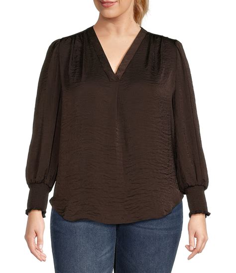 Vince Camuto Plus Size Long Sleeve Smocked Cuff Sleeve V Neck Blouse Dillard S