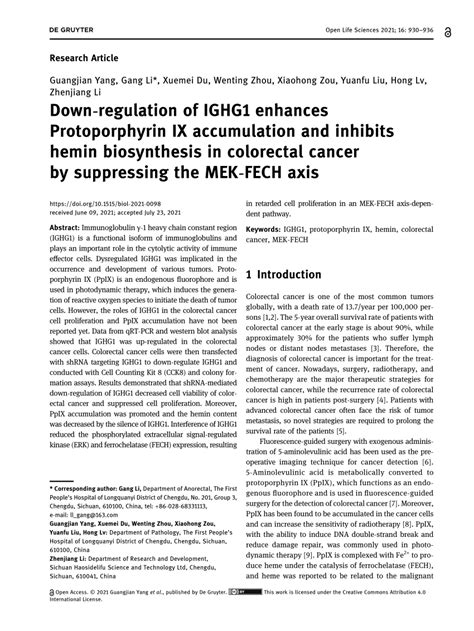 Pdf Down Regulation Of Ighg1 Enhances Protoporphyrin Ix Accumulation