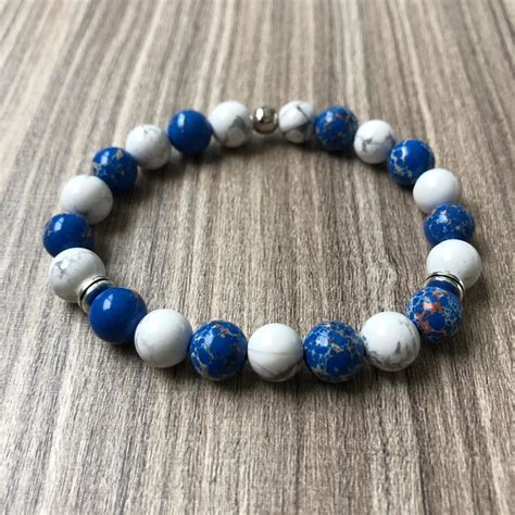 Pulseira Jaspe Imperial Azul E Howlita Pedras Naturais Elo