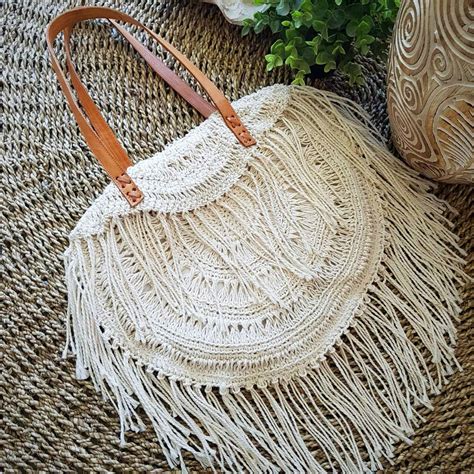 Natural Woven Cotton Macrame Hand Bag With Leather Straps Canggu And Co