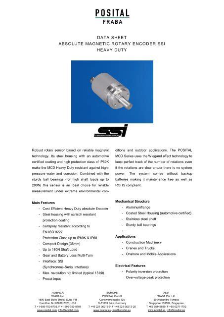 Data Sheet Absolute Magnetic Rotary Encoder Ssi Fraba Posital