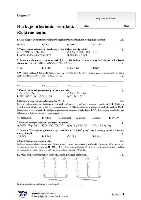 Sprawdzian Reakcje Utleniania Redukcji Elektroch Dlanauczyciela