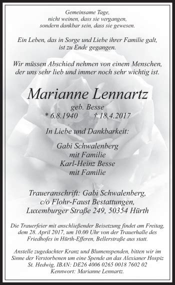 Traueranzeigen Von Marianne Lennartz WirTrauern