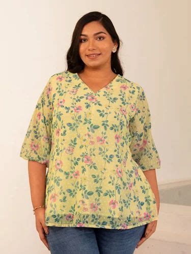 Casual Wear Printed Janasya Women S Plus Size Yellow Dobby Georgette