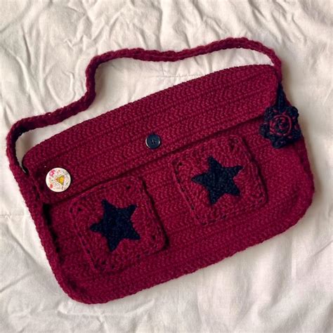 Red Black Crochet Star Messenger Bag And Keychain Depop