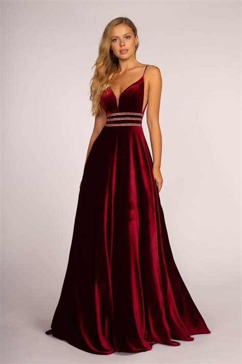 Elizabeth K Gl2584 Illusion Plunging Neck Sleeveless Velvet Gown Velvet Evening Dress Red