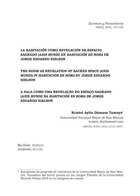 Pdf La Habitaci N Como Revelaci N De Espacio Sagrado Axis Mundi En