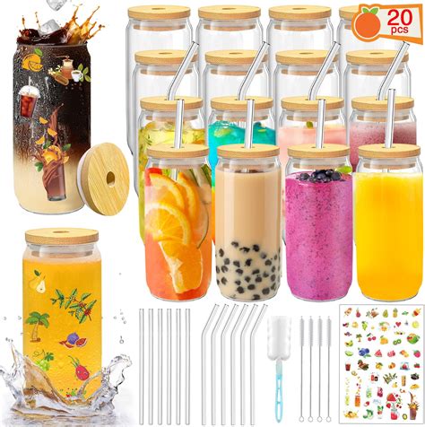 8 Pcs Drinking Glasses With Bamboo Lids And Glass Straw 16 Oz Can Shaped Glass