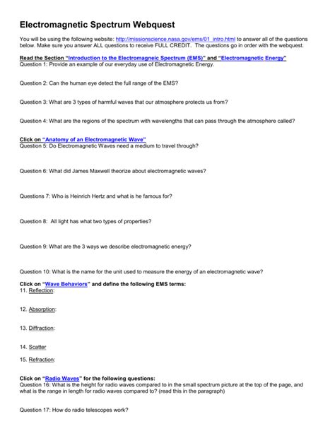 The Best Electromagnetic Spectrum Interactive Webquest Answer Key