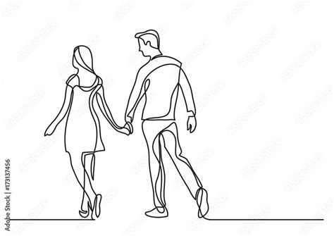 Continuous Line Drawing Of Young Couple Walking Together Stock Vector