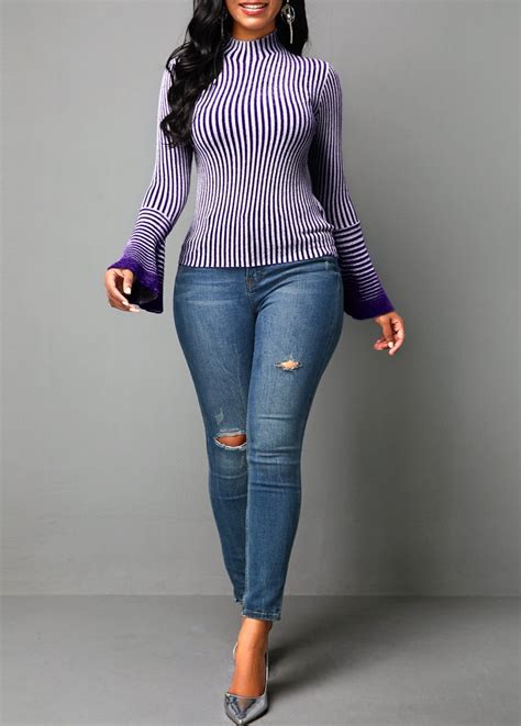 Rosewe Sweaters Stripe High Neck Sweater Royal Girlz Boutique