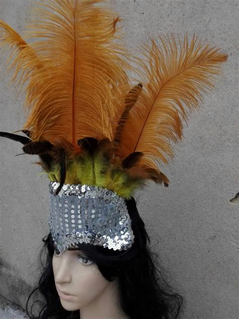 Showgirl Gold Open Face Ostrich Feather Headdress With Silver Sequins