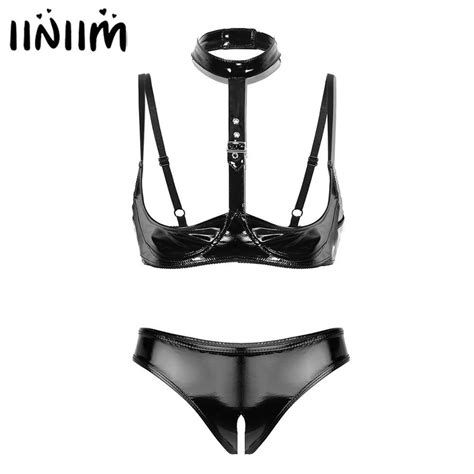 Womens Wet Look Leather Crotchless Open Cup Exotic Lingerie Set Open