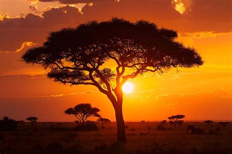 A Sunset With A Tree And Giraffes In The Background Premium AI