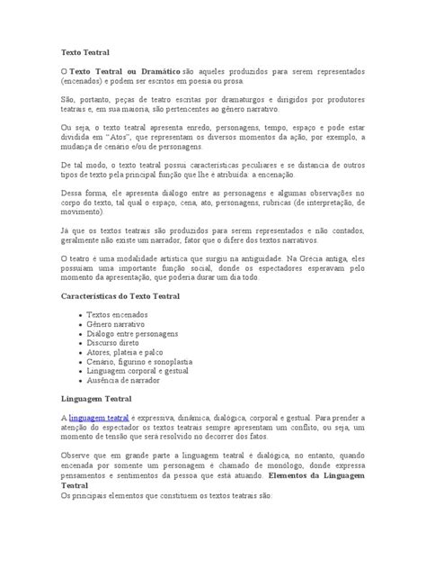 Como Fazer Um Texto Teatral - Texto Teatral 8 Ano | PDF | Roteiro | Teatro