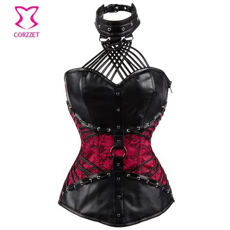 Gothic Leather Halter Tops Red Floral Brocade Overbust Corsets And Bustiers Steel Bone Sexy