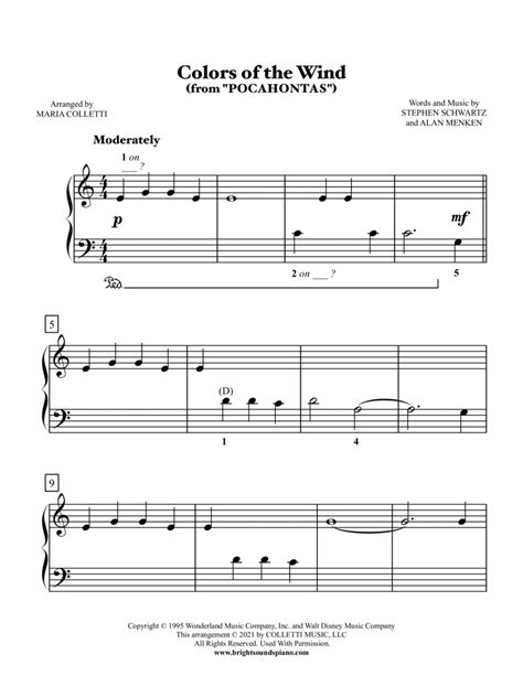 Colors Of The Wind Arr Maria Colletti By Vanessa Williams Sheet Music For Easy Piano At Sheet