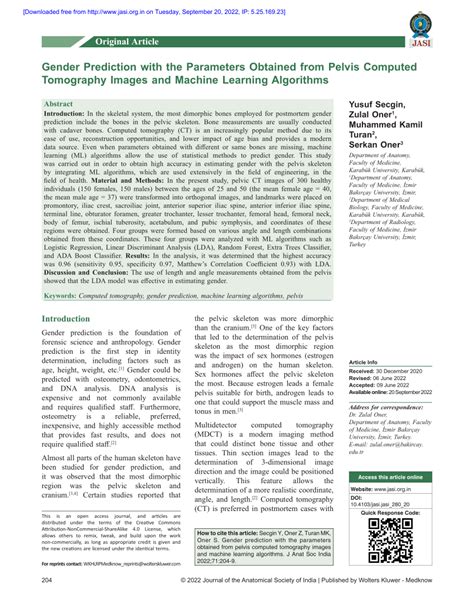 Pdf Gender Prediction With The Parameters Obtained From Pelvis Computed Tomography Images And