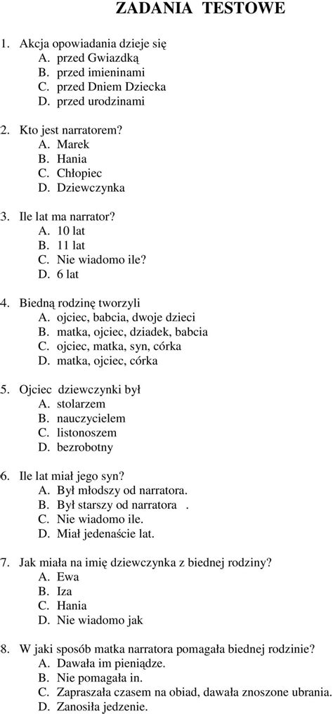 TEST SPRAWDZAJĄCY UMIEJĘTNOŚĆ CZYTANIA ZE ZROZUMIENIEM DLA KLASY IV NA