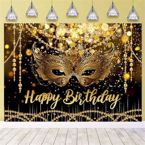 Masquerade Mardi Gras Backdrop For Happy Birthday Black Gold Glitter Mask Party