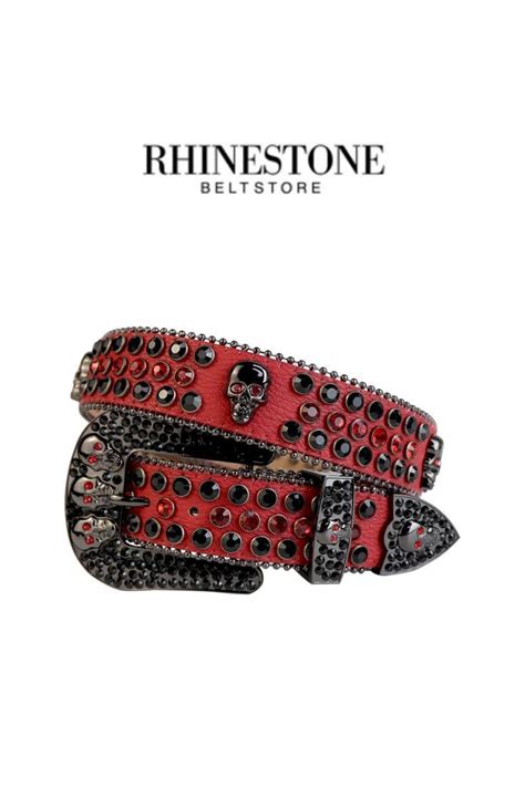 Red Strap With 7 Skulls Red Black Studded Rhinestone Belt