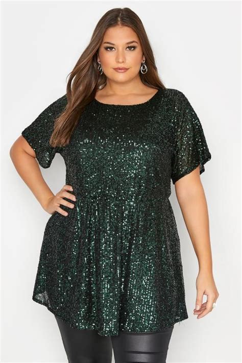 Plus Size Yours London Green Sequin Peplum Top Yours Clothing