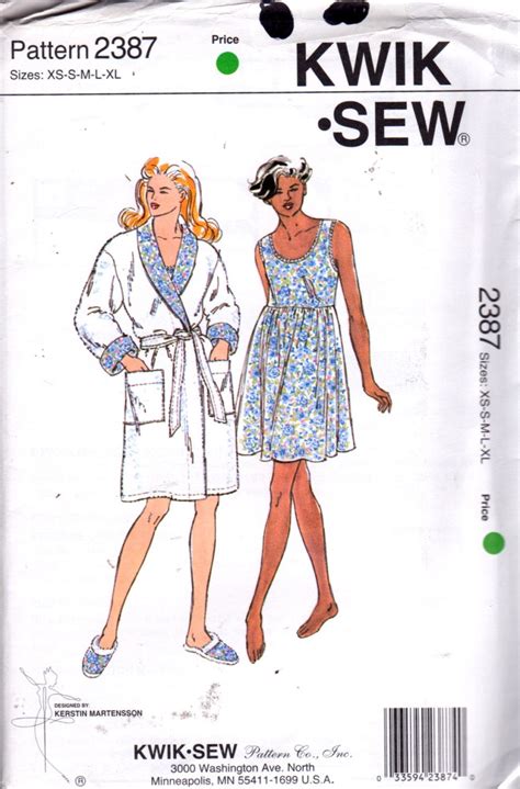 Kwik Sew 2387 Misses Lingerie Empire Nightgown Scuff Slippers Wrap Robe