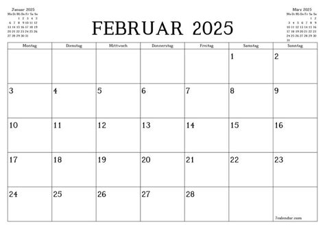 Druckbare Kalender und Planer für Februar 2025 A4 A3 zu PDF und PNG