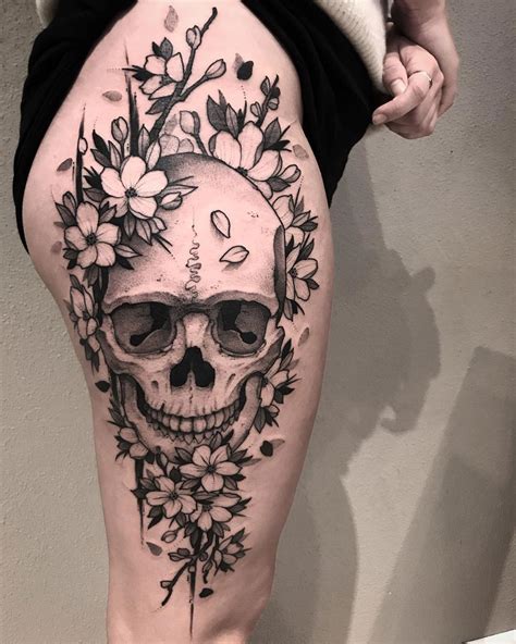 Flower Skull Tattoo Hip