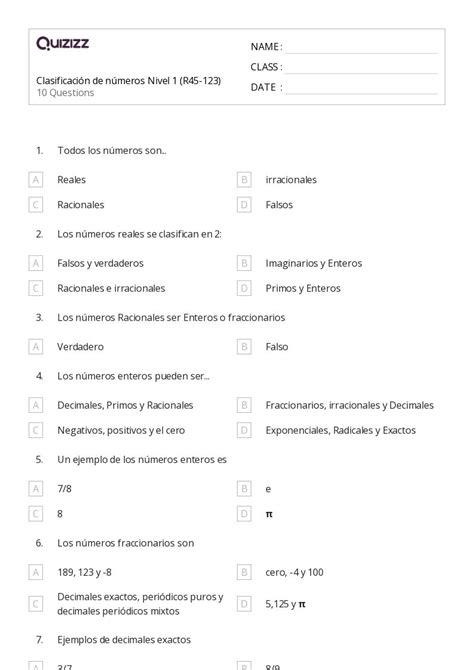 N Meros Irracionales Hojas De Trabajo En Quizizz Gratis E Imprimible