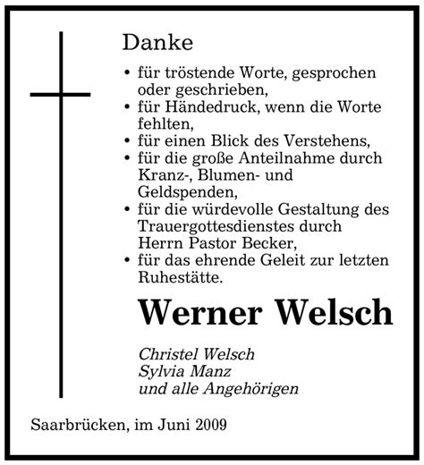 Traueranzeigen Von Werner Welsch Saarbruecker Zeitung Trauer De