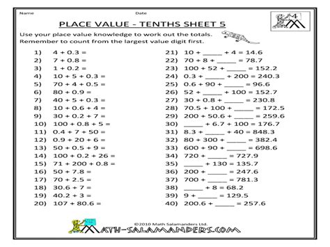 Place Value Tenths Sheet 5 Worksheet For 5th 8th Grade Lesson Planet