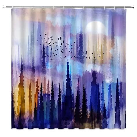 Nature Forest Shower Curtain Misty Mountain Forest Bird Foggy Pine Tree