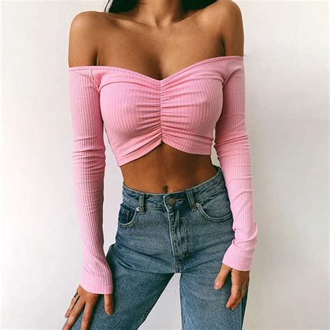 Off Shoulder Crop Top Women Summer Long Sleeve T Shirt V Neck Tshirt