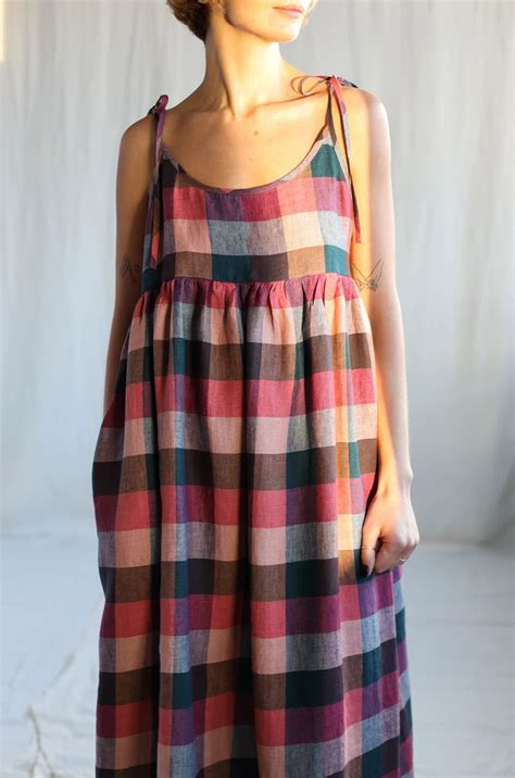 Loose Tie Strap Linen Sundress In Checks Handmade By Offon Etsy Looks